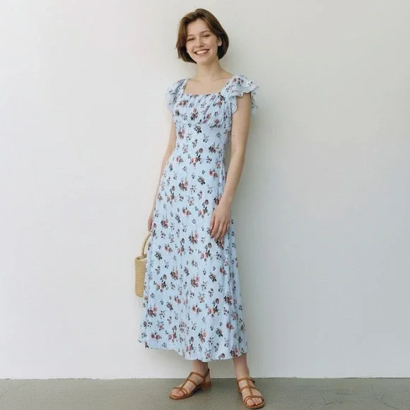 Wild Fable Women's Medium Blue Floral Dress Rayon Square Neck | Cottage - Picture 2 of 7